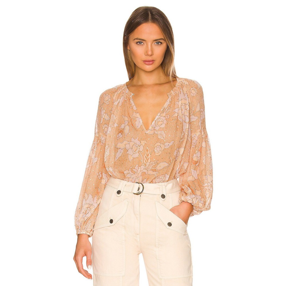 Ulla Johnson Smythe Gathered Blouse Silk Floral Sz 00 Peach Metallic Chic Sexy